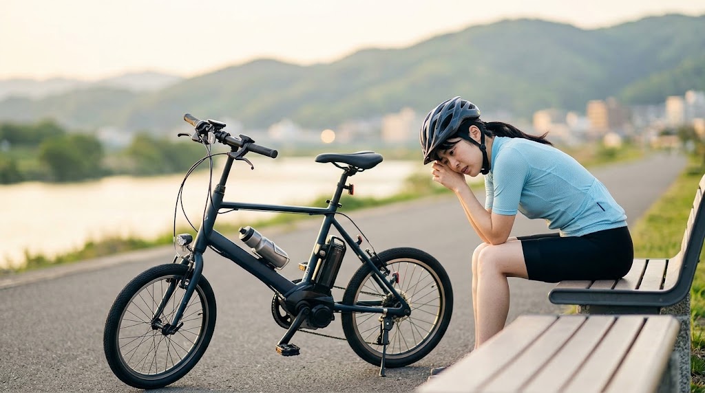 晴れた日の夕方、リバーサイドのサイクリングロードで、20インチの電動アシスト自転車の横のベンチに座り、疲れた表情で遠くを見つめる日本人女性。