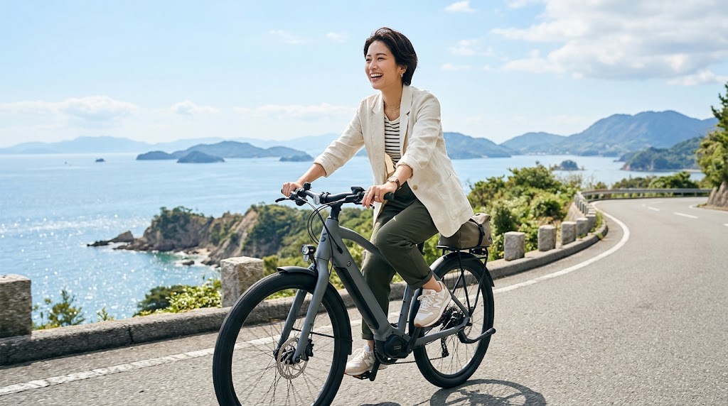 海沿いの爽快な道をフラットペダルとスニーカーで軽快に駆け抜ける、自由で快適な自転車ライフを楽しむ日本人サイクリスト。