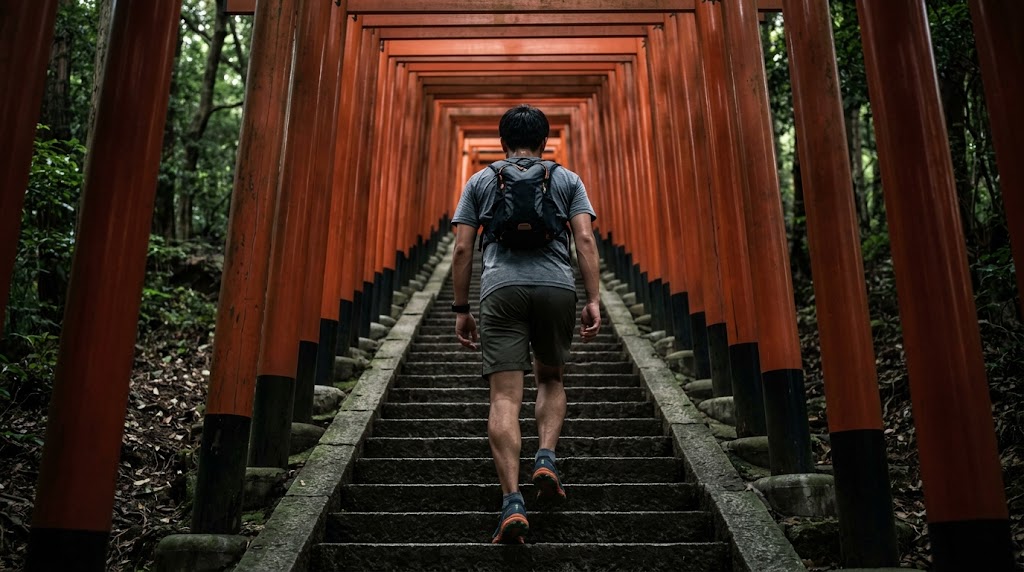 伏見稲荷大社の千本鳥居へと続く、急勾配で果てしなく続く石段を登る日本人ハイカーの背中。