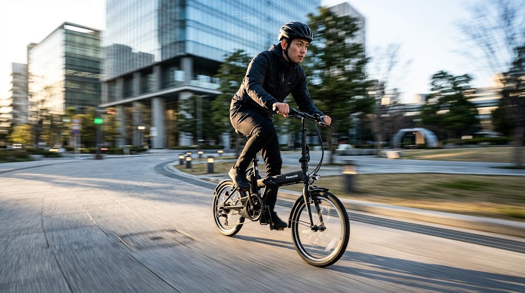 都市部のサイクリングロードを、リミッター解除されたパナソニックのオフタイムで高速走行する日本人男性。周囲の風景が流れるような躍動感のある構図で、時速30kmを超えるスピードと加速感を強調している。