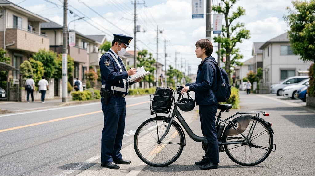 日本の街頭で電動アシスト自転車の交通取り締まりや点検を行う警察官と利用者の様子
