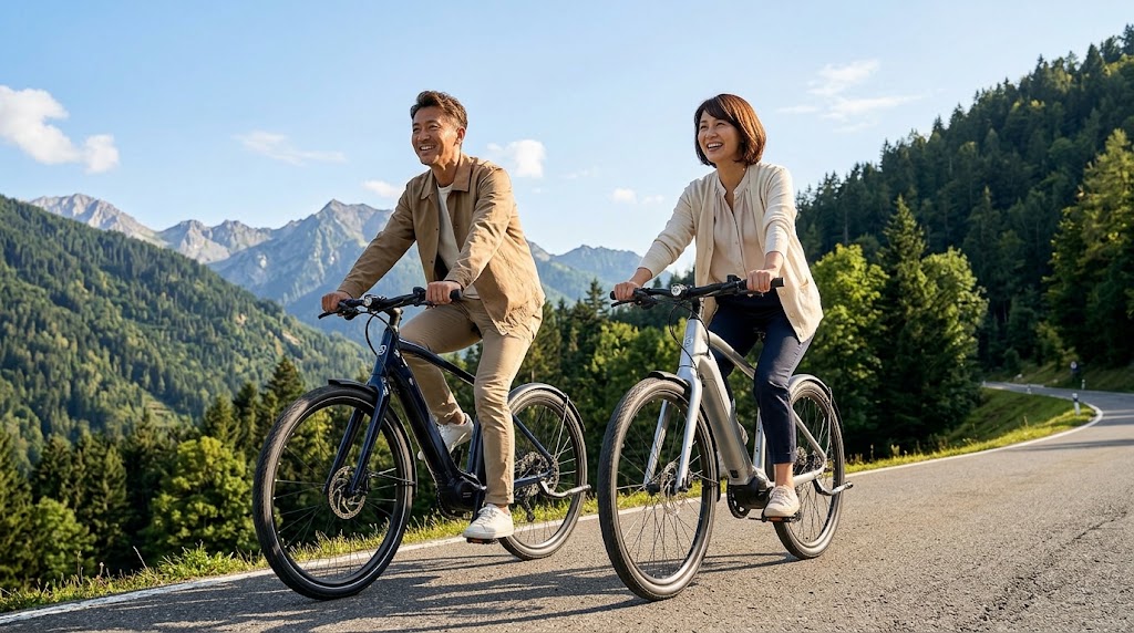 美しい山岳道路を、プレミアムe-Bikeで息を切らさず笑顔で軽快に登っていく日本人カップル。