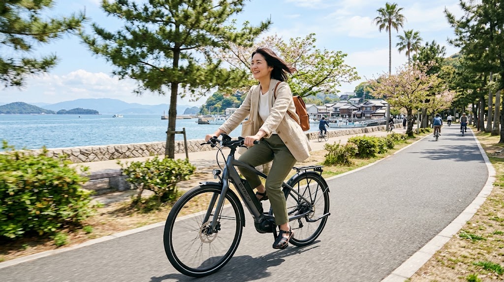 強固な防犯対策で不安を解消し晴天の開放的な道を心地よい風とともに爽快に駆け抜ける日本人女性と電動アシスト自転車