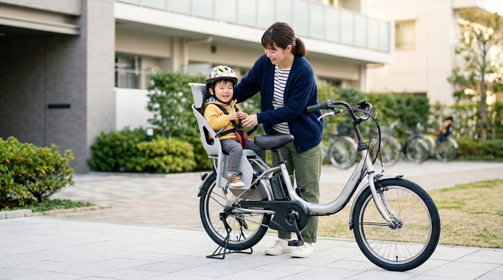 人間工学設計のチャイルドシート「ハグシートプラス」を搭載した電動アシスト自転車に、幼い子供を優しく乗せる日本人の母親。