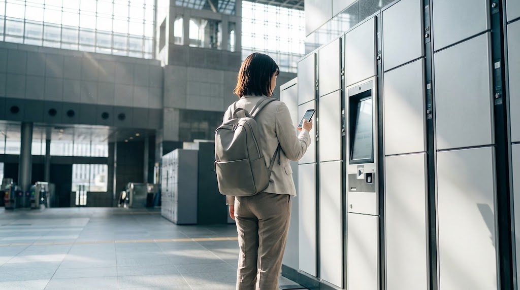 京都駅のコインロッカー前で、スマートフォンを操作しながらリュックサックを背負う、身軽な服装のアジア人女性の背中。