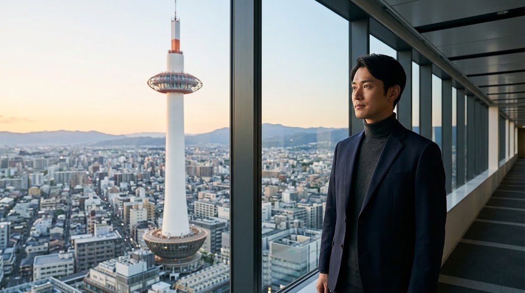 京都駅ビルの空中径路(ガラス張りの回廊)を歩く、一人の日本人男性。窓の外には巨大な京都タワーと、碁盤の目状に広がる京都市街地が夕日に映えている。