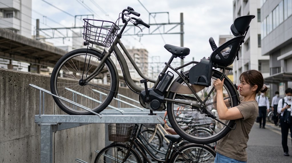 駐輪場の2段式ラック上段に、約30kgある重い電動アシスト自転車を持ち上げようと苦労している日本人女性の様子。