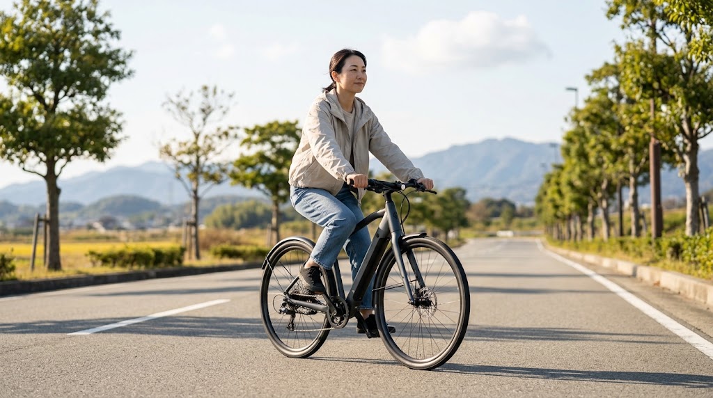 晴れた日に、見晴らしの良い郊外道路を、バッテリー残量ゼロの状態でも軽いペダリングで快適に走行する日本人女性サイクリスト。