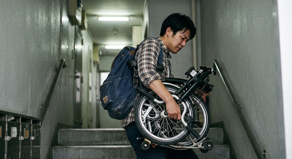 エレベーターのないアパートの薄暗い階段で、折りたたんだ重い自転車を苦悶の表情で抱えて運ぶ日本人男性。