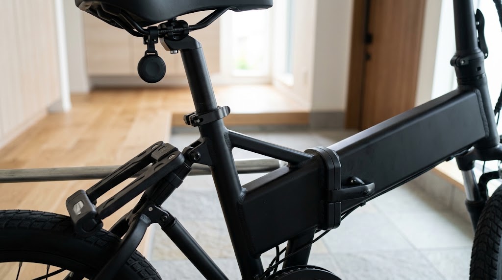 MATE.BIKEのサドル下に目立たないように取り付けられた小型GPSトラッカーと、フレームを固定物に繋ぐ多関節ロック。