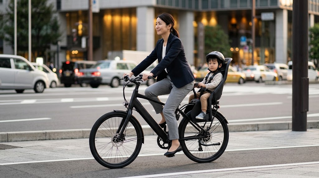 夕暮れの日本の都市で、MATE.BIKE MATE GO+の後部チャイルドシートに子供を乗せて軽快に走る日本人女性。