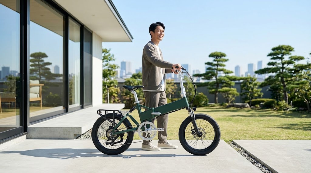 型式認定を取得した適法な最新MATE.BIKEと、満ち足りた表情で佇む日本人オーナーの男性