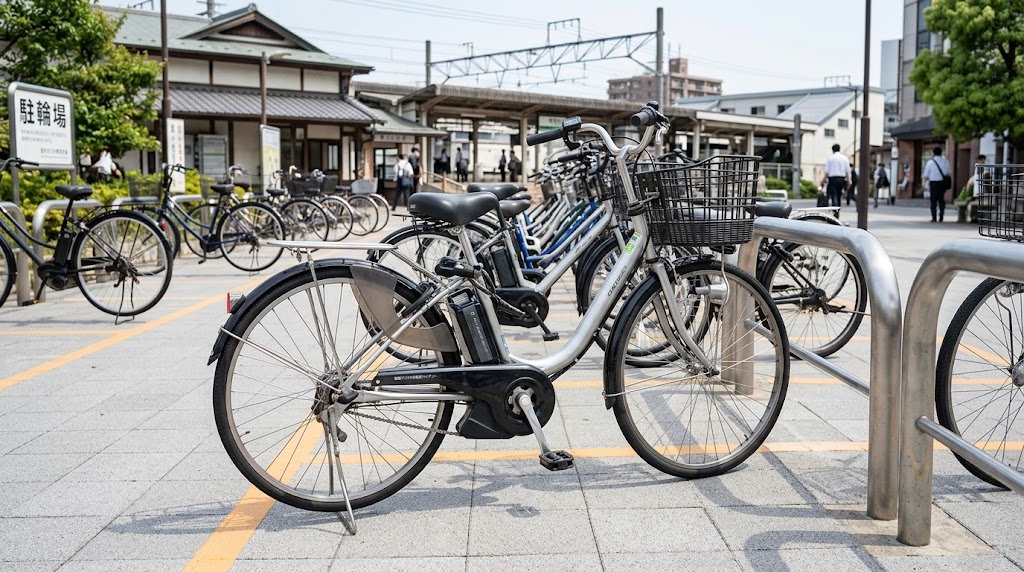 駐輪場で電動アシスト自転車のバッテリー盗難を防ぐために施錠されたバッテリーと車体フレーム