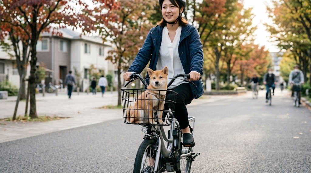 ステアリング操舵軸上に専用ペットキャリーを備えたプレミアム電動アシスト自転車に乗る日本人女性と柴犬