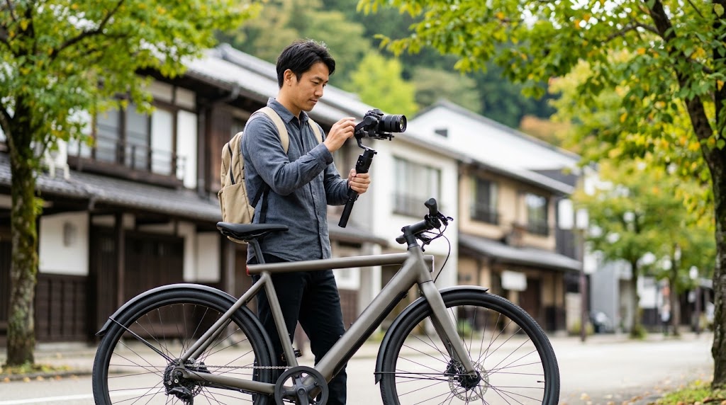 プレミアムeBikeを傍らに停め、美しい日本の地方都市の並木道でバックパックからカメラを取り出し、風景撮影を楽しむ日本人男性の様子。
