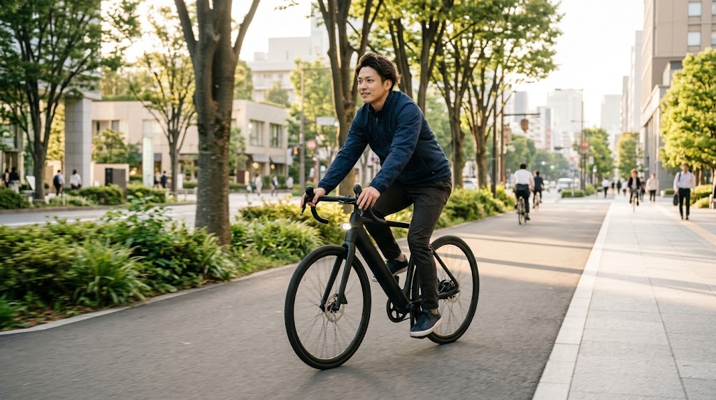 柔らかな朝の光が差し込む街の並木道で、バッテリー内蔵型のスタイリッシュな軽量プレミアムe-Bikeを軽快に走らせる日本人サイクリスト。