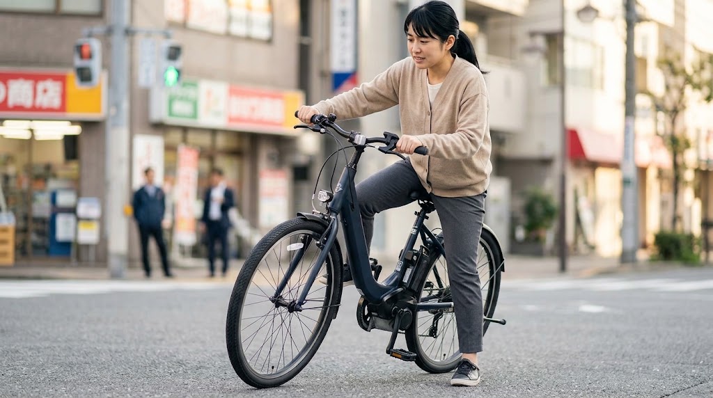 日本人女性が26インチの電動アシスト自転車にまたがり、足がつま先立ちになって不安定な様子。