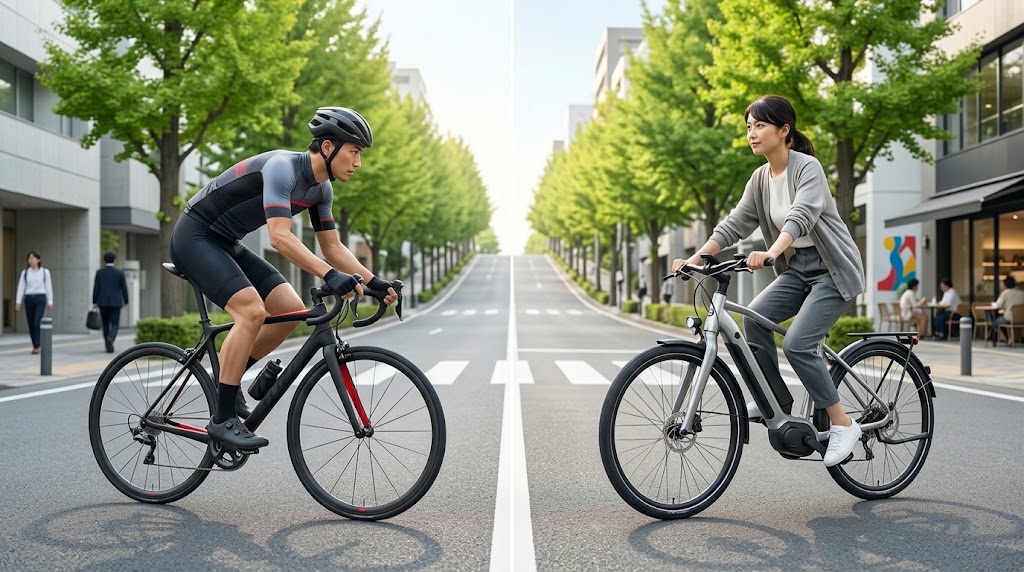 軽快な走りを生む非電動スポーツ自転車と快適な巡航を支える電動アシスト自転車を並べた、走行感と実用性の違いを比較するアイキャッチ画像