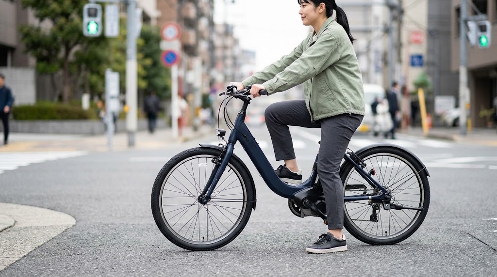 日本人女性が電動アシスト自転車にまたがり、停車時に両足裏が地面にしっかりと接地している様子。低いフレーム設計が強調されている。