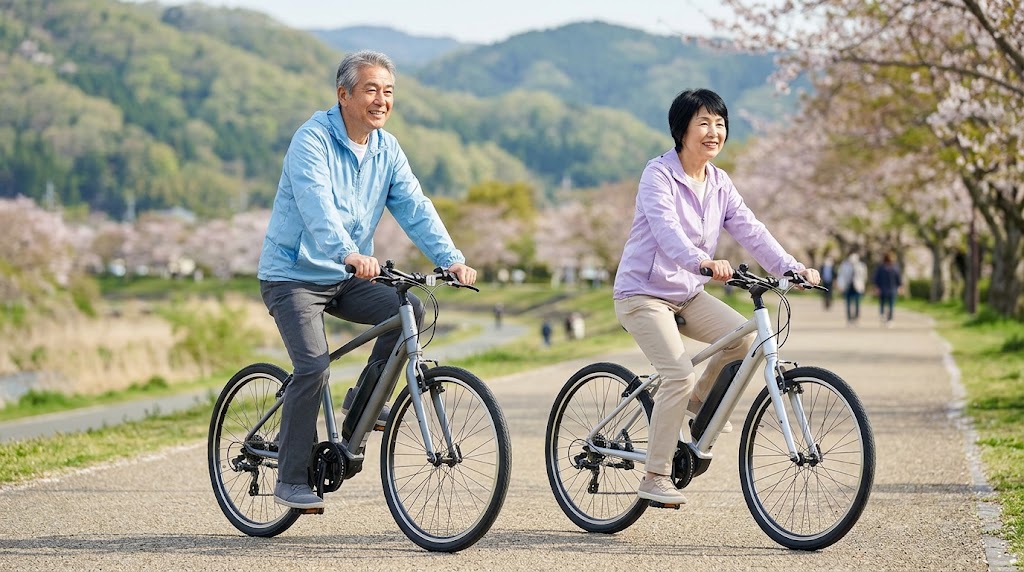 晴れた日に、24インチの軽量電動アシスト自転車で川沿いのサイクリングロードを快適に走る元気な日本人高齢者夫婦。低床フレームと安定感が強調されている。