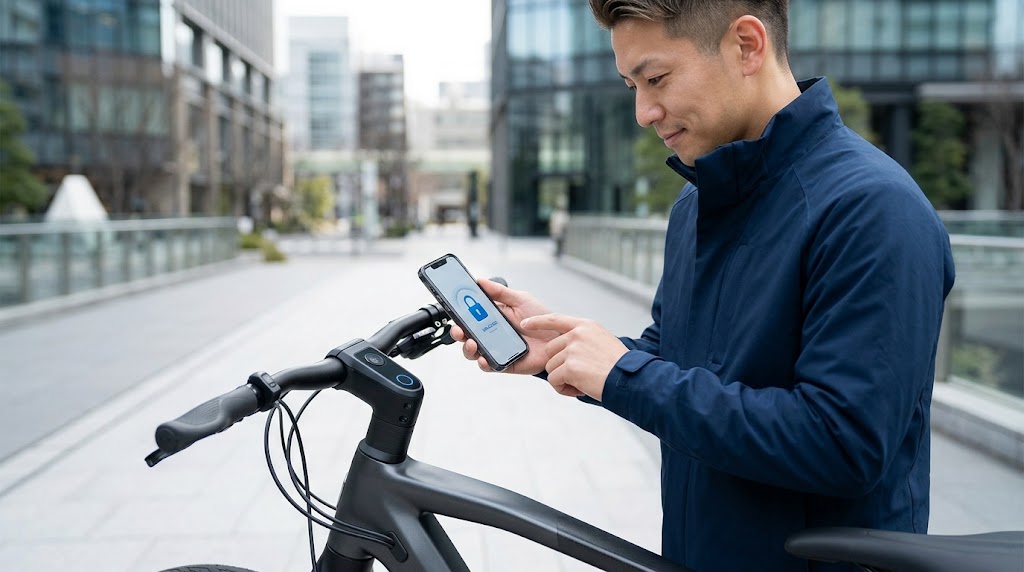 スマートフォンアプリでプレミアムe-Bikeを解錠する日本人男性の手元。デジタルとモビリティの融合を表現。