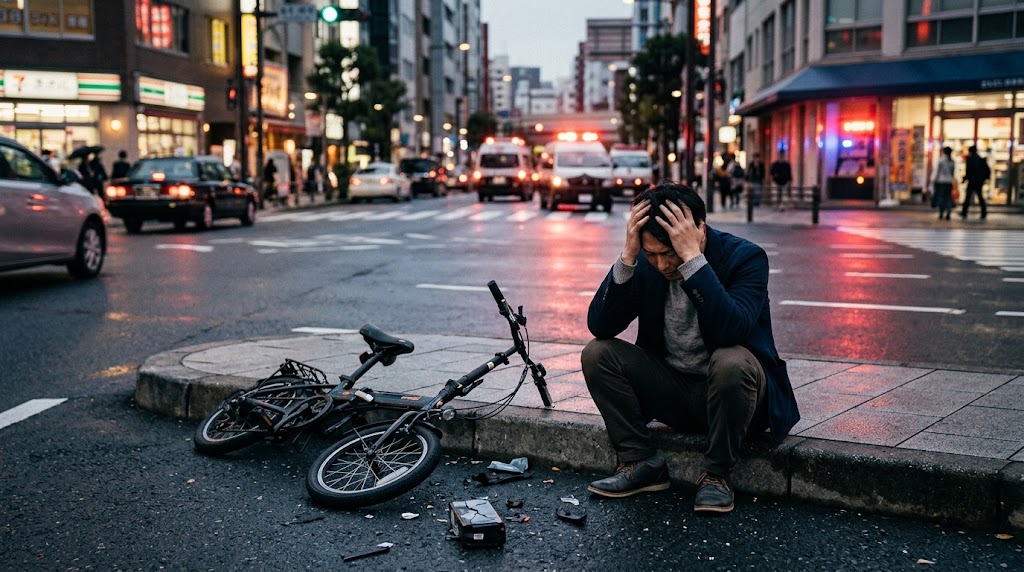 リミッター解除された電動アシスト自転車の事故現場で、保険適用外による高額な賠償責任と経済的困窮の恐怖に直面し、頭を抱えて座り込む日本人男性