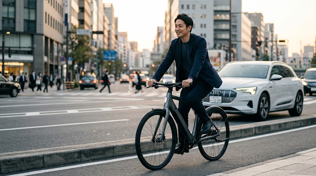 都市部をスタイリッシュに走る最新e-Bikeと、背景のEV。ラストワンマイルの快適な移動を象徴する。