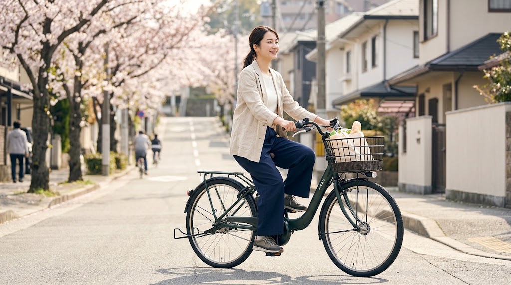 穏やかな表情で電動アシスト自転車に乗り、街中の緩やかな坂道をスムーズに漕ぎ出す日本人の女性。
