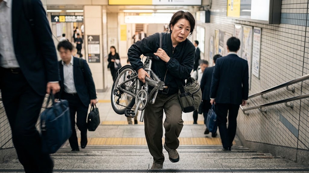 駅の階段で重い折りたたみ自転車を担ぎ、疲労困憊の表情で運ぶ日本人女性。